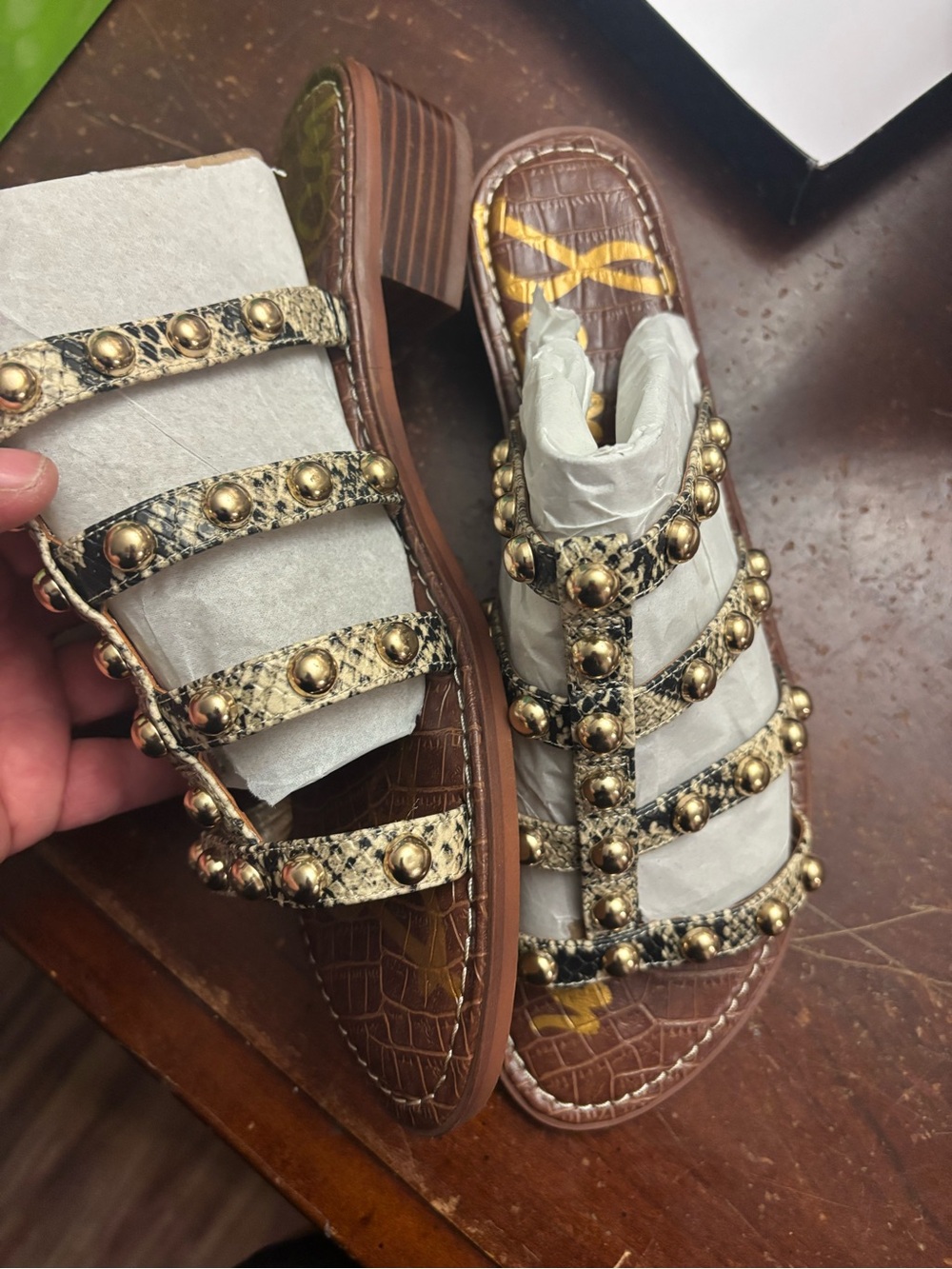Sam Edelman juniper black tan sandals 11 bling snake print reptile slip In flat
